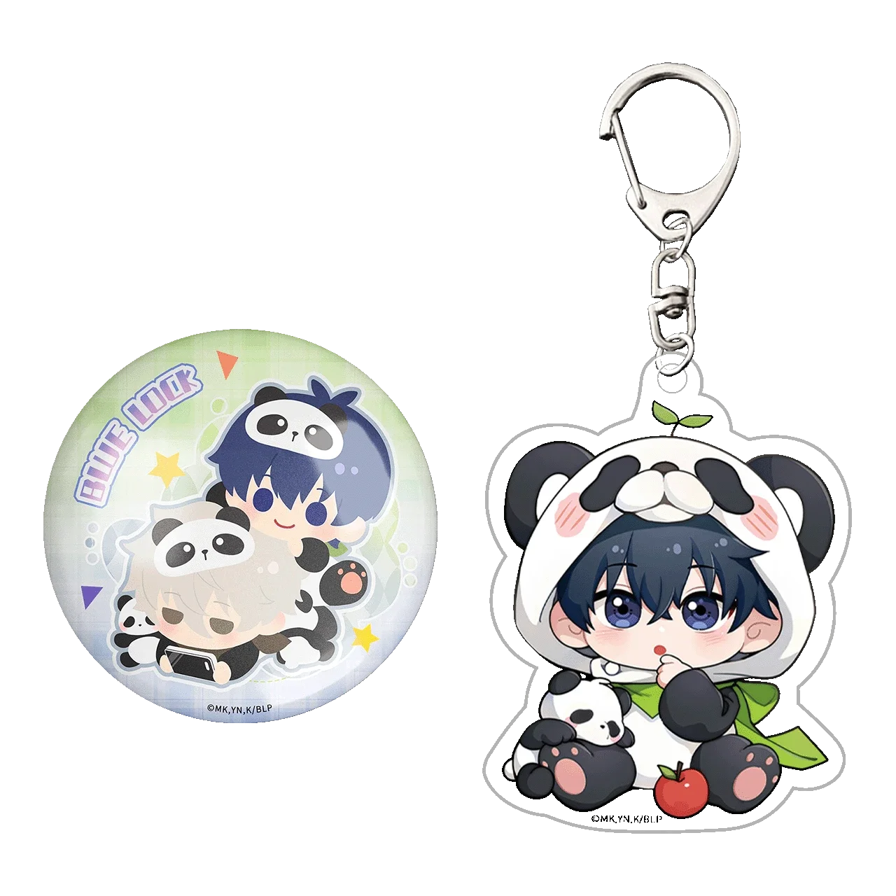 Blue-Themed Panda Series Button + Acrylic Keychain Set